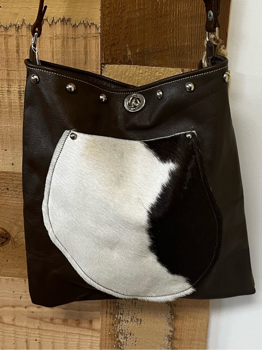 Full Grain Brown Leather Shoulder Bag with Black & White Hair-on-hide Pocket